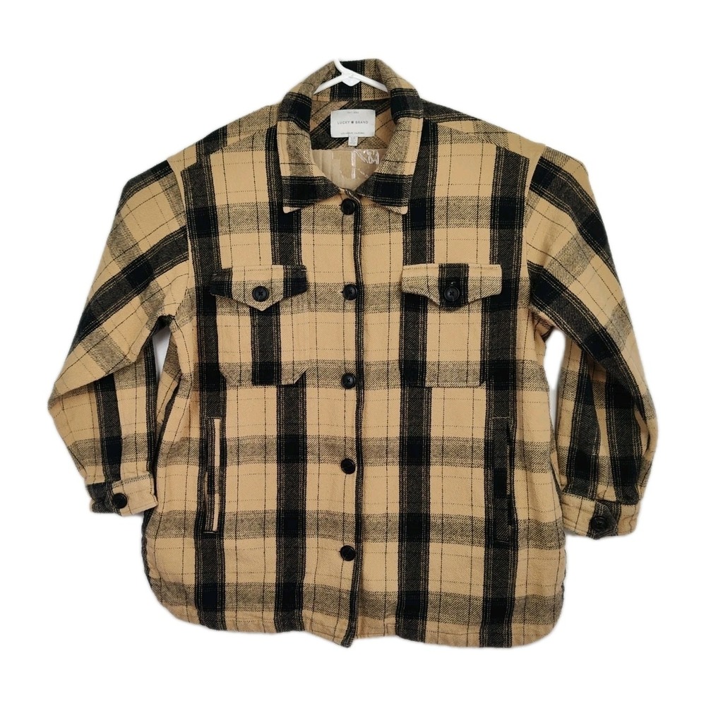 Lucky Brand Flannel‎ Shacket Women's L Yellow/Black Plaid Button-Up Collared